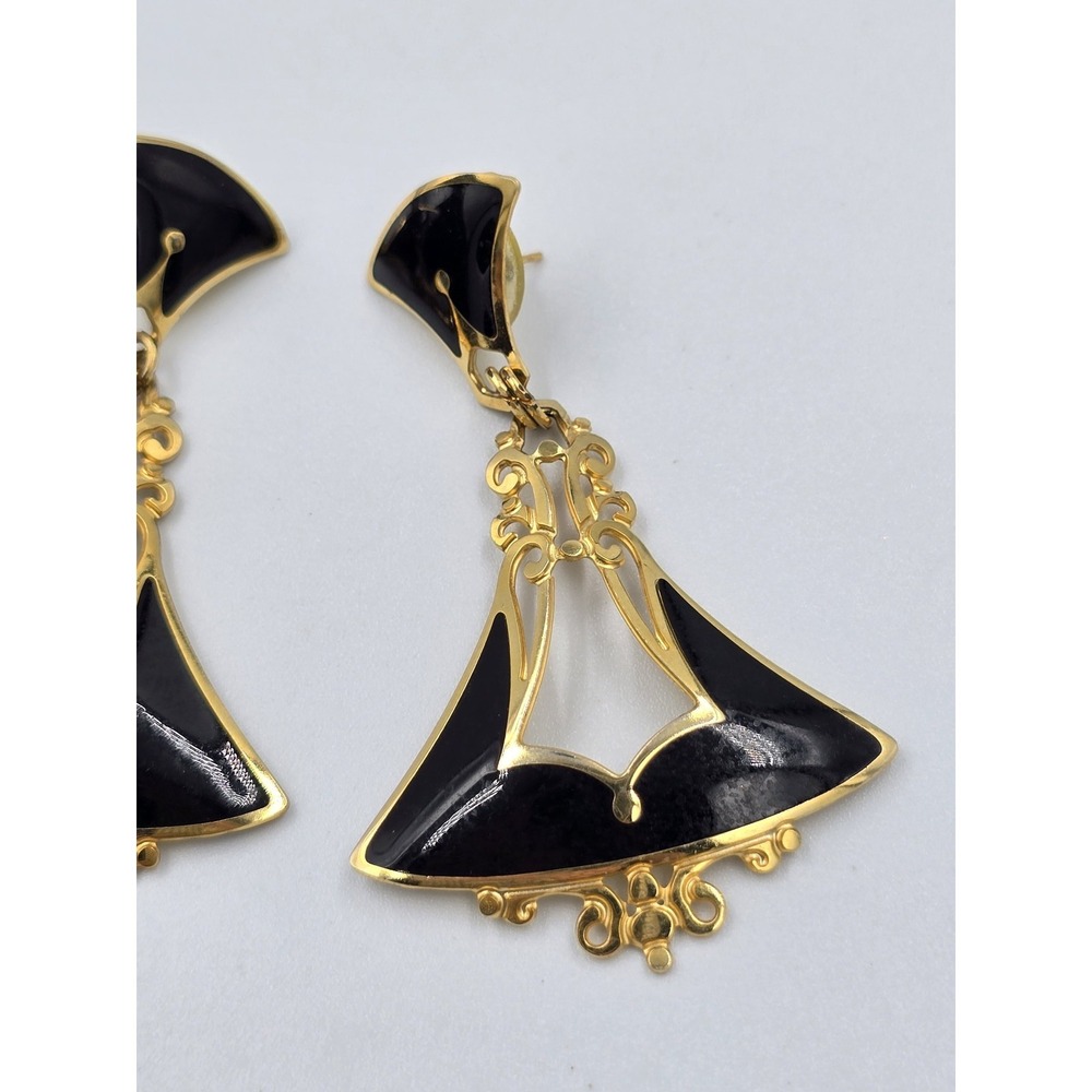 Vintage Edgar Berébi Black Enamel Gold Tone Dangle Earrings Art Deco Style - Picture 5 of 8